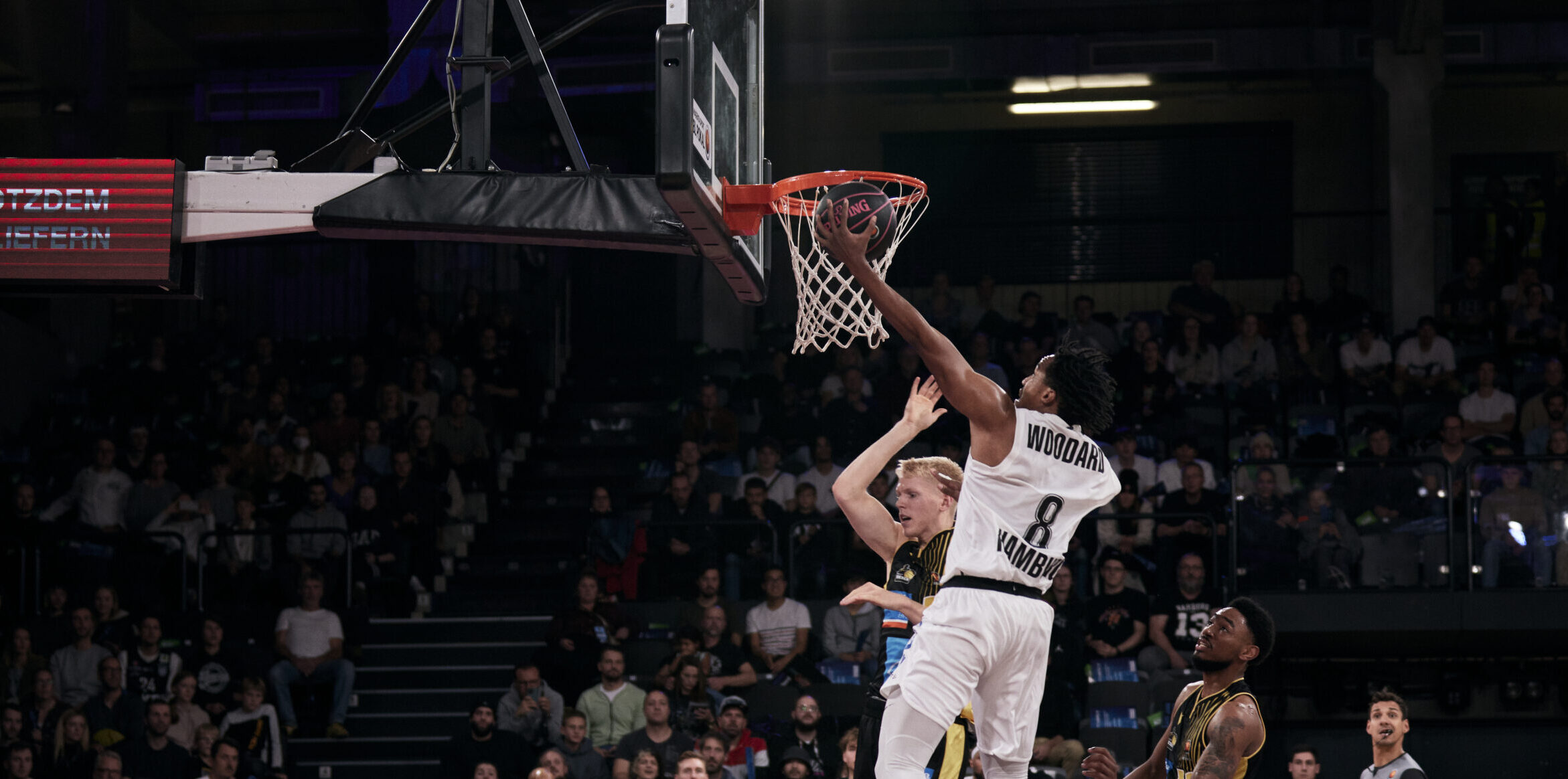 Basketballspieler Woodard mit Nummer 8 von Hamburg Towers beim Dunk gegen Ludwigsburg in einer vollen Halle