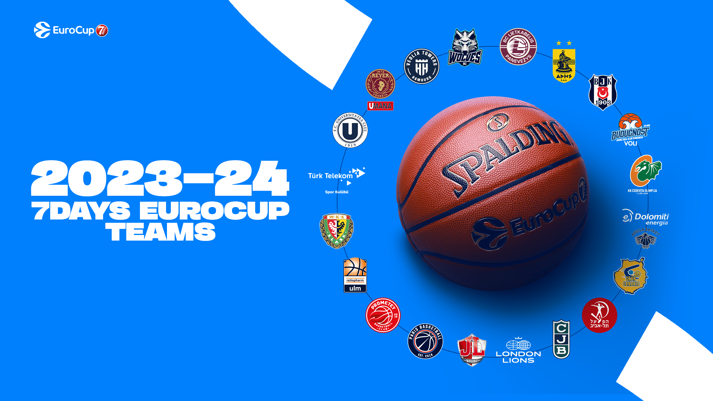 Basketball mit Spalding-Logo und EuroCup-Schriftzug, umgeben von Logos der 2023-24 7DAYS EuroCup Basketballteams auf blauem Hintergrund