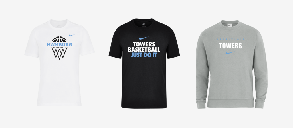 Drei neue Merchandising-Artikel im Towers x Nike-Look