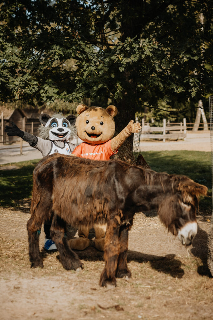 Zwei Maskottchen hinter einem Esel