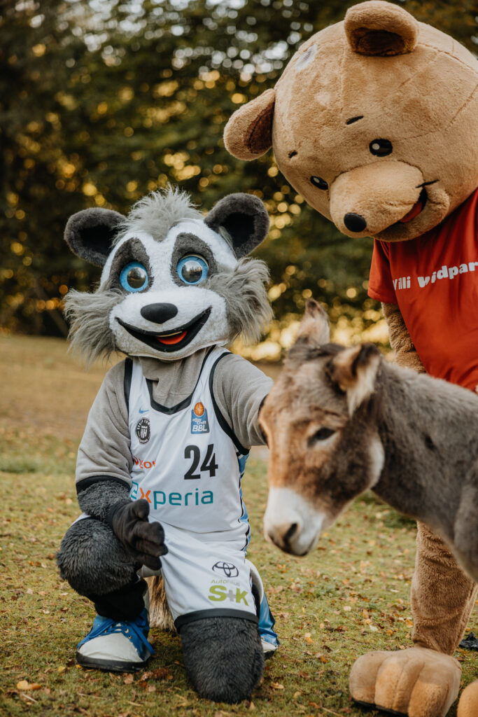 Zwei Maskottchen streicheln einen Esel