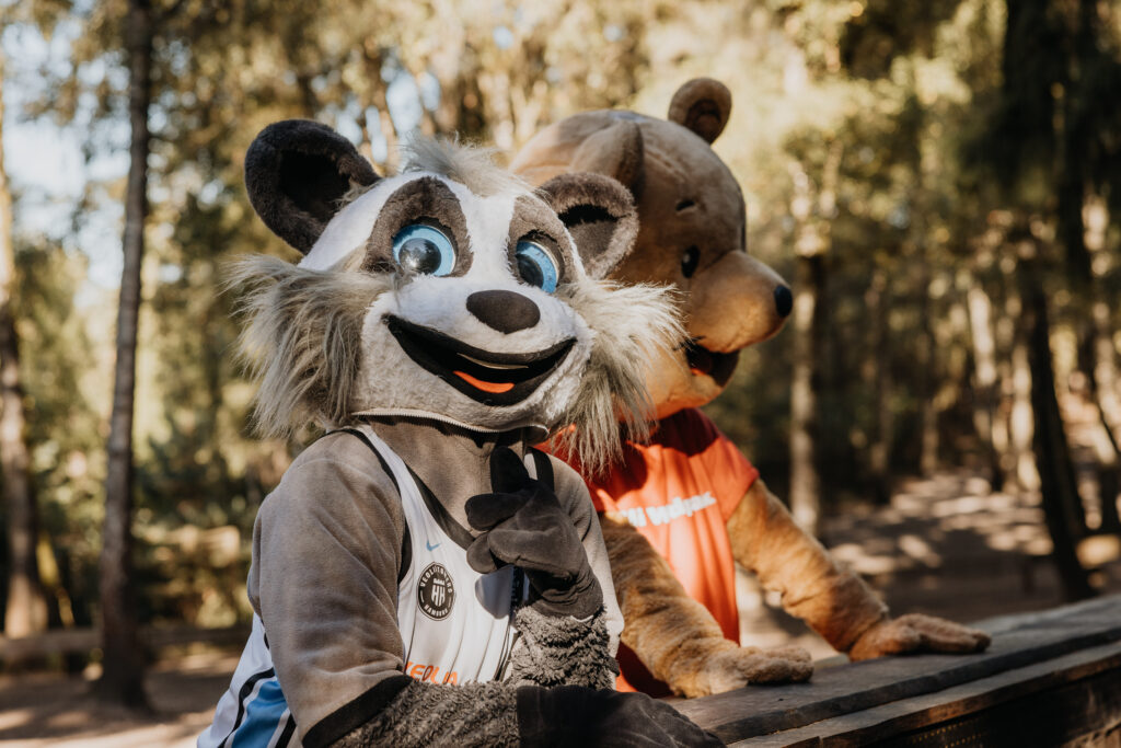Zwei Maskottchen im Wald